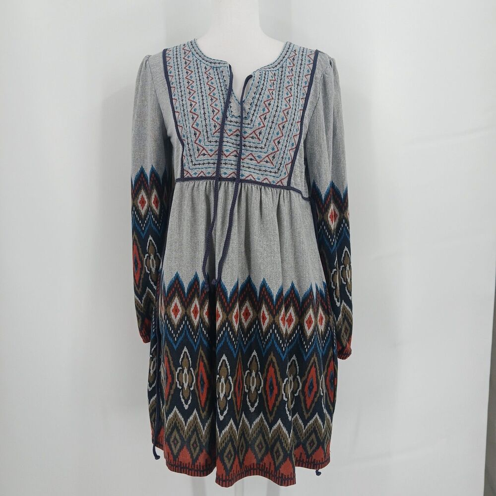 Sahalie Boho Tribal Geometric Print Short Sleeve Dress Belted Gray Size M/P